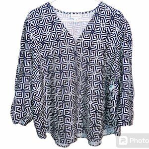 LIZ CLAIBORNE womens blouse top blue black white v neck 3/4 sleeve 1X w-148